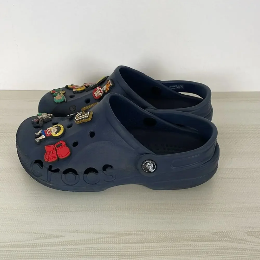 Crocs Youth 4-6 Blue Clog Sandals With Charms Casual Lightweight Beach Shoes